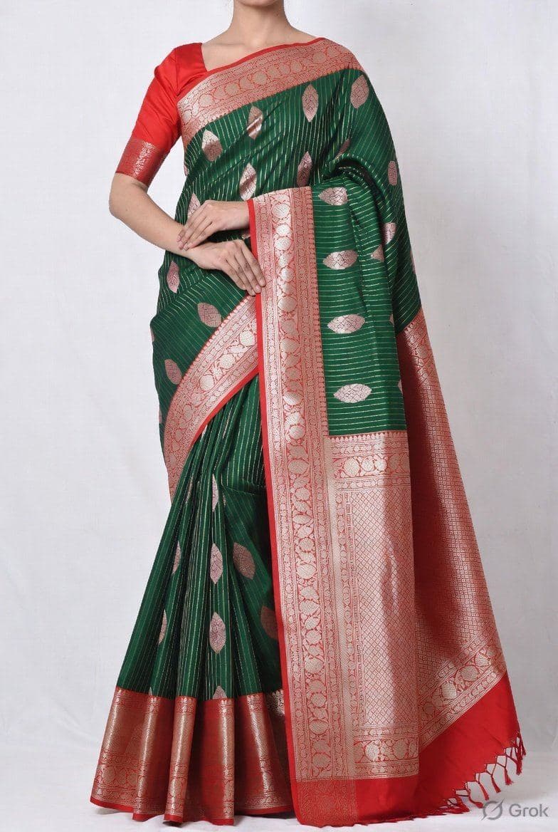 Green Banarasi Silk Saree with Red Blouse - Woven Zari Buti Design