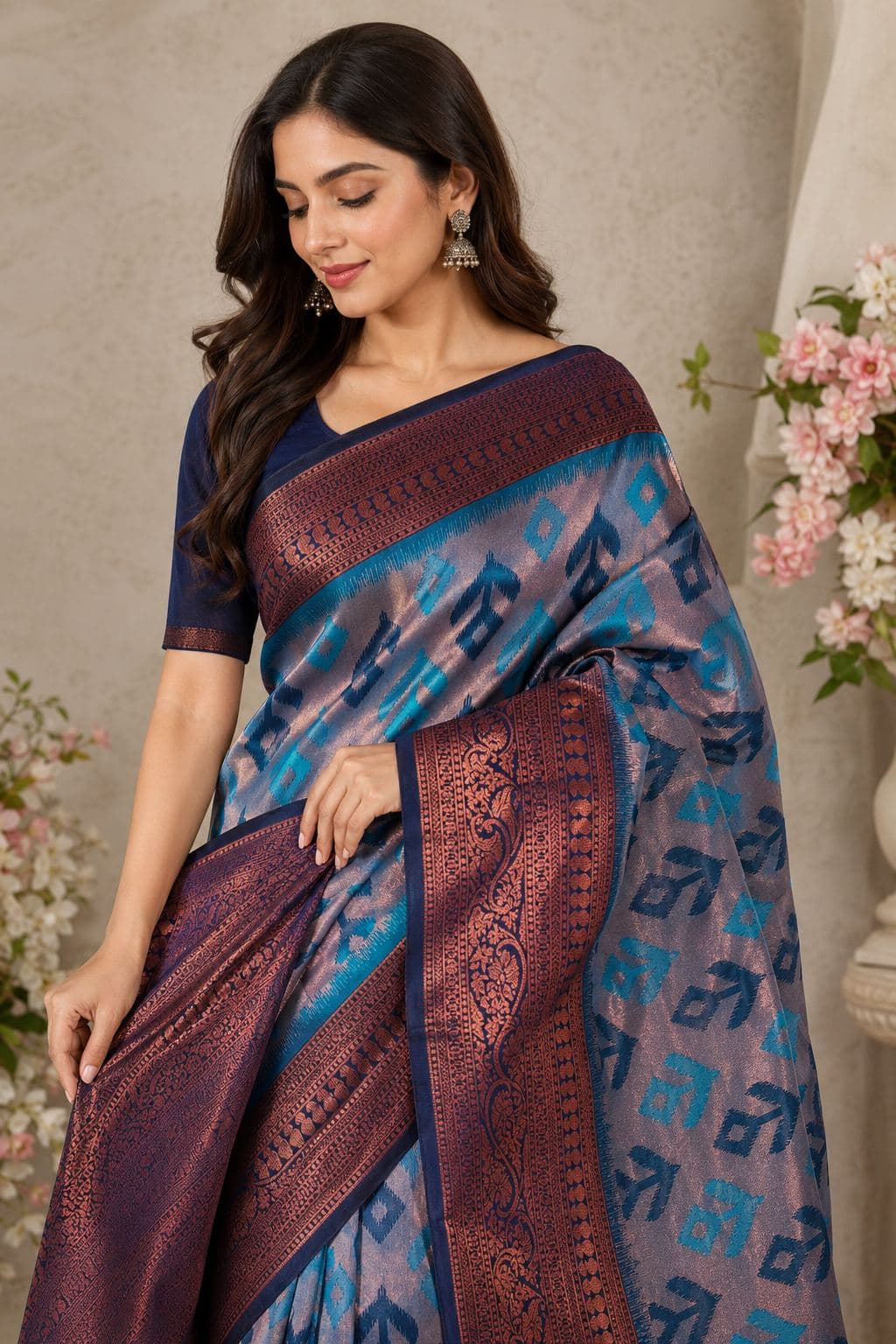 Navy Blue Ikat Silk Saree with Jacquard Border and Blouse